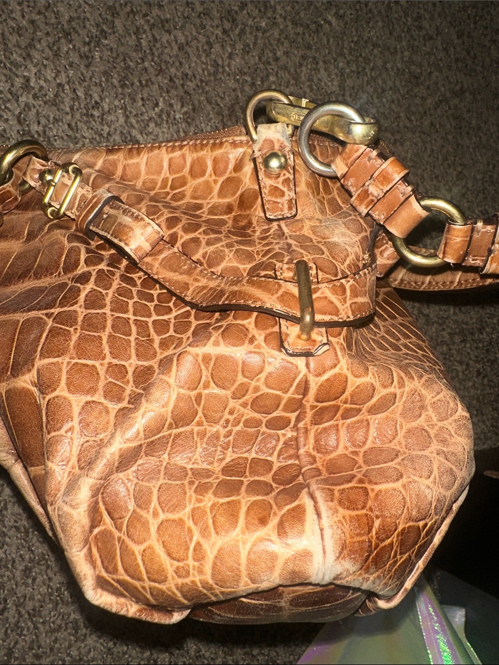 Coach Brown Croc-Embossed Leather Satchel with Gold Hardware - Picture 5 of 16